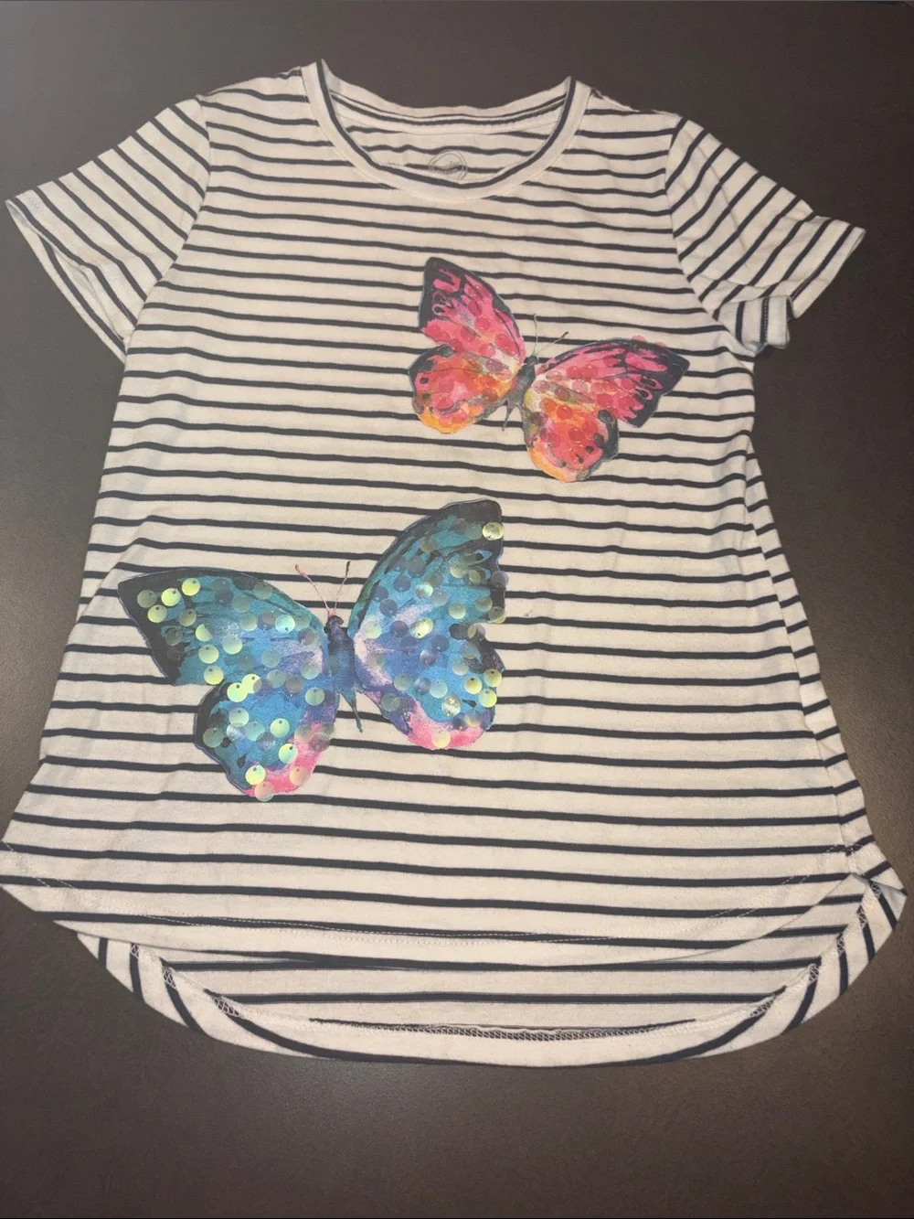 wonder nation White & Black Striped Short-Sleeve Tee with Sequin Butterflies